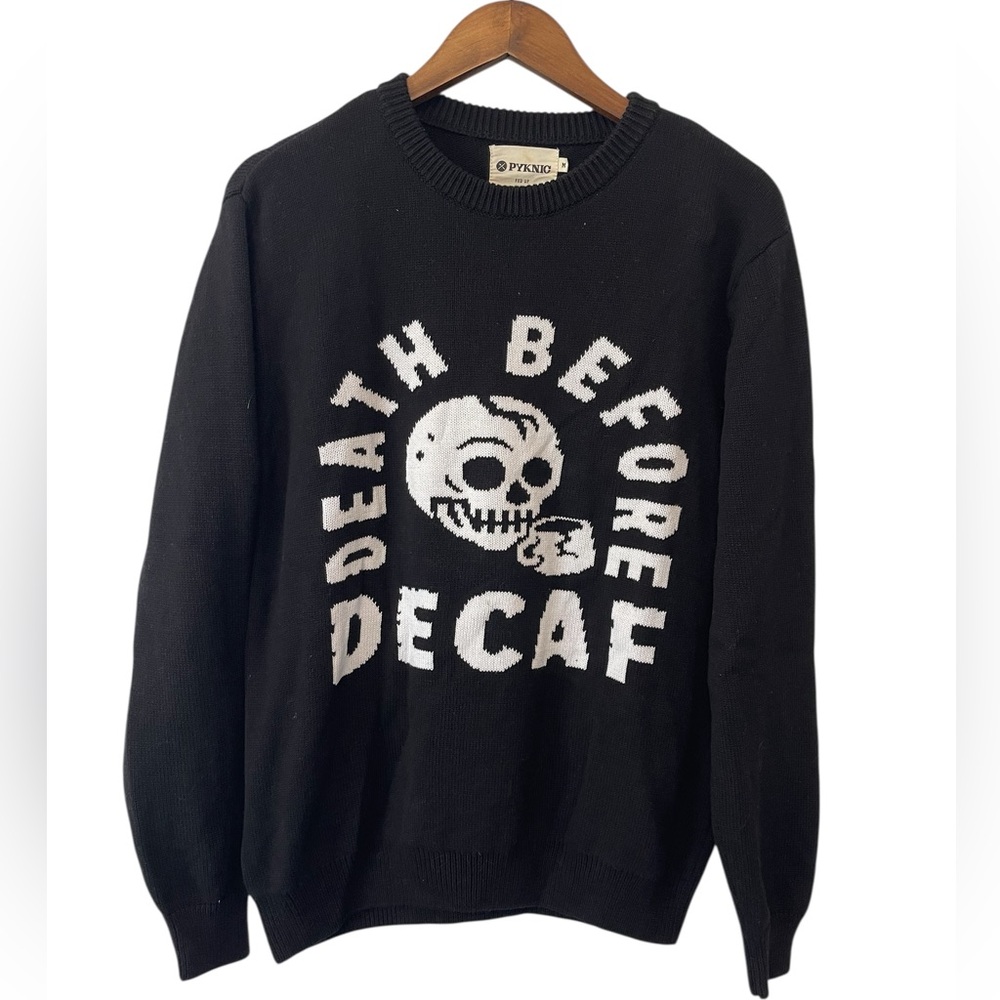 Unisex Sweater Pyknyc Size M Death Before Decaf Goth Grunge Skull 100% Cotton - Picture 2 of 9